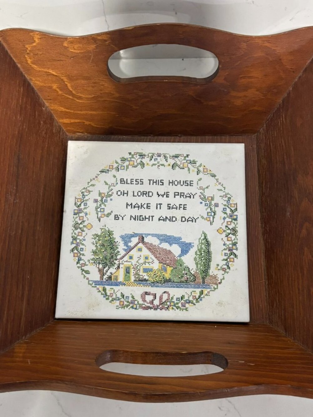 Vintage Mid-State Products Co Three Sisters Bread Warming Tray Wood Ceramic Tile